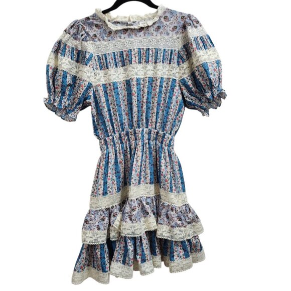 Stellah Size Small Floral Victorian Print Mixed Lace Trim Puff Sleeve Dress - Picture 3 of 12